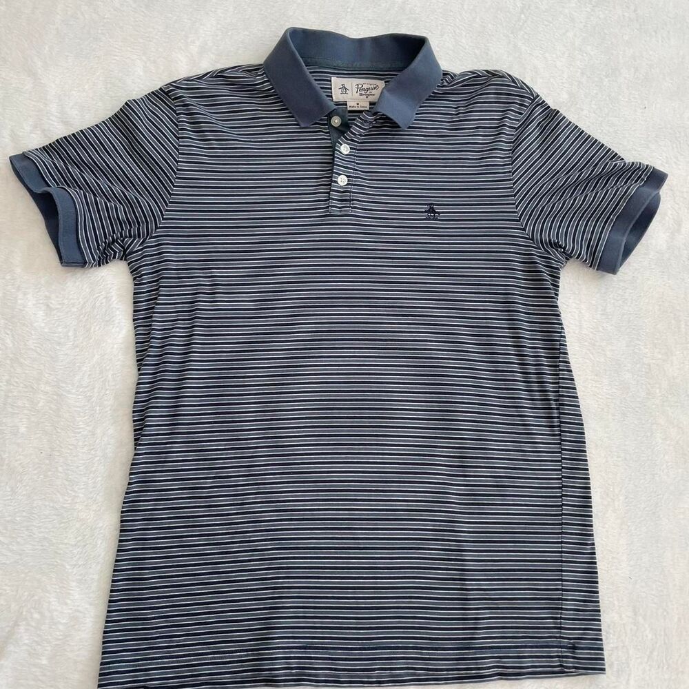 Original Penguin Polo Shirt Men's M Preppy Workwear Corporate Stripe Collar Blue
